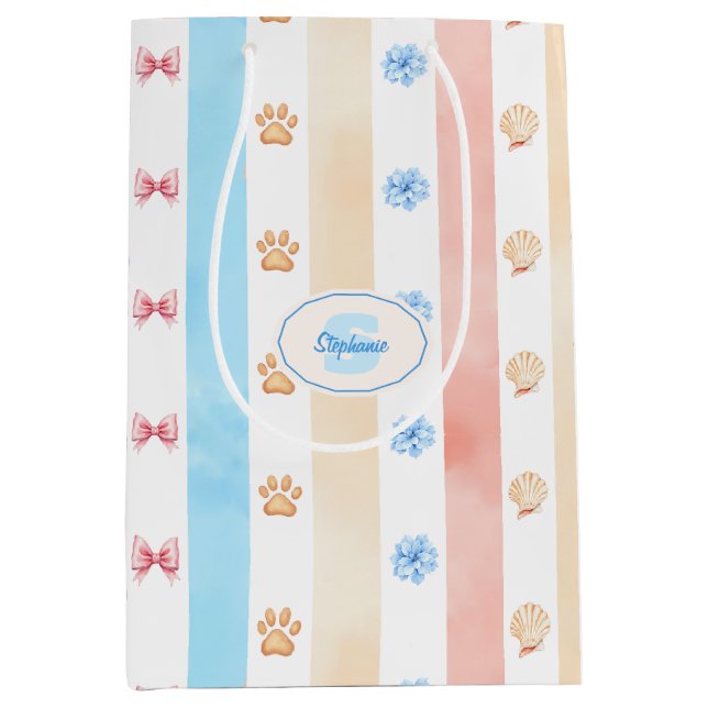 Pastel Stripe - Paw Prints, Blue Flower, Pink Bows Medium Gift Bag (Front)