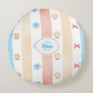 Pastel Stripe - Paw Prints, Blue Flower, Pink Bows Round Pillow