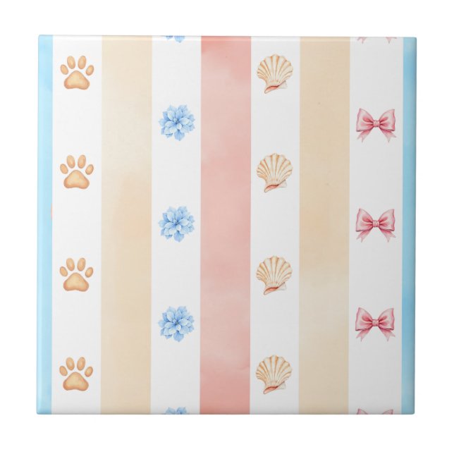 Pastel Stripe - Paw Prints, Blue Flower, Pink Bows Tile (Front)