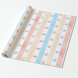 Pastel Stripe - Paw Prints, Blue Flower, Pink Bows Wrapping Paper
