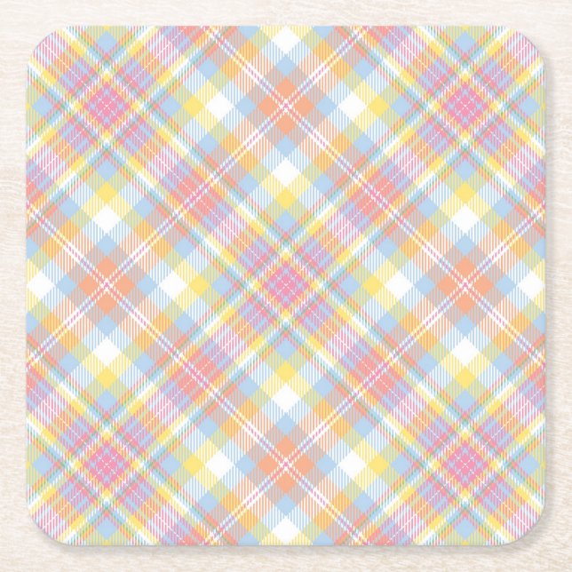 Pastel Stripe Plaid Square Paper Coaster (Front)