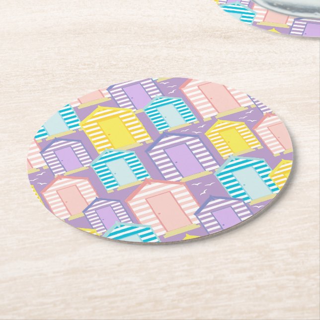 Pastel Striped Beach Hut Patterned Coastal Round Paper Coaster (Angled)