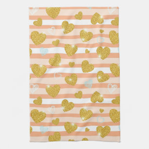 Pastel Striped Hearts with Shimmering Gold Accents Kitchen Towel