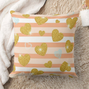 Pastel Striped Hearts with Shimmering Gold Accents Throw Pillow