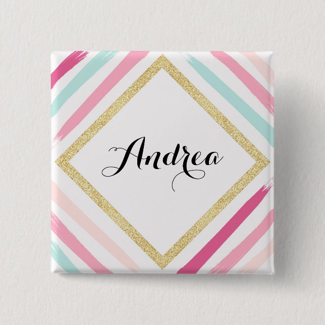 Pastel Stripes and Gold Glitter Personalized 2 Inch Square Button (Front)