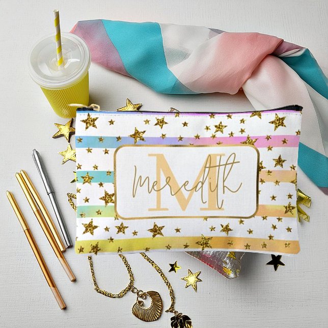 Pastel stripes and gold stars personalized accessory pouch (Creator Uploaded)