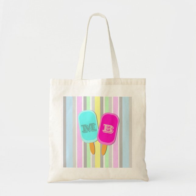 Pastel Stripes and Popsicles Monogram Tote Bag (Front)