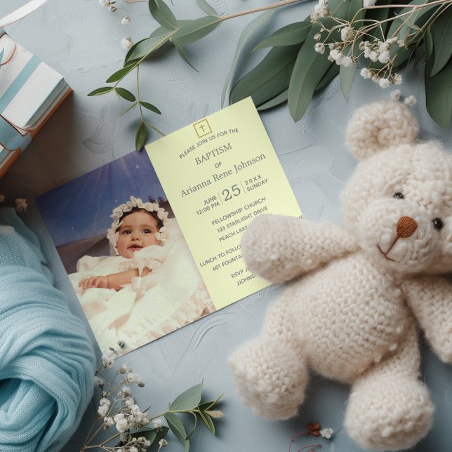 Pastel Stripes Cream Photo Baptism Christening Invitation (Creator Uploaded)