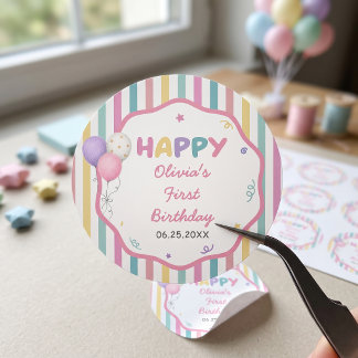 Pastel Stripes Fun Girl Birthday Classic Round Sticker