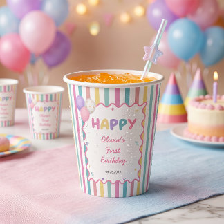 Pastel Stripes Fun Girl Birthday Paper Cups