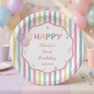Pastel Stripes Fun Girl Birthday Paper Plates