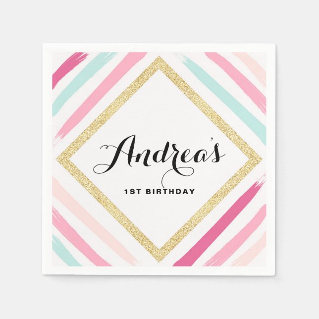 Pastel Stripes & Gold Glitter Kids Birthday Party Napkin (Front)
