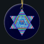 Pastel Stripes Hanukkah Star Ornament<br><div class="desc">A digital collage, in pretty pastel stripes; a Star of David with a Chai (life) symbol at the centre. Light and dark blue backgrounds on each side are customizable!</div>