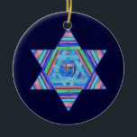 Pastel Stripes Hanukkah Star Ornament<br><div class="desc">A digital collage, in pretty pastel stripes; a Star of David with a Chai (life) symbol at the centre.  Light and dark blue backgrounds on each side are customizable!</div>