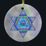 Pastel Stripes Hanukkah Star Ornament<br><div class="desc">A digital collage, in pretty pastel stripes; a Star of David with a Chai (life) symbol at the centre on a pale pastel starburst background.</div>