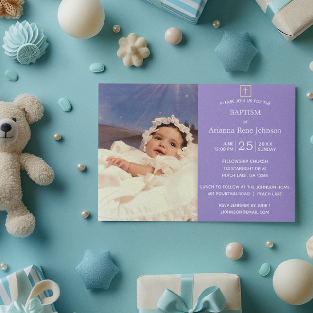 Pastel Stripes Lavender Photo Baptism Christening Invitation (Creator Uploaded)