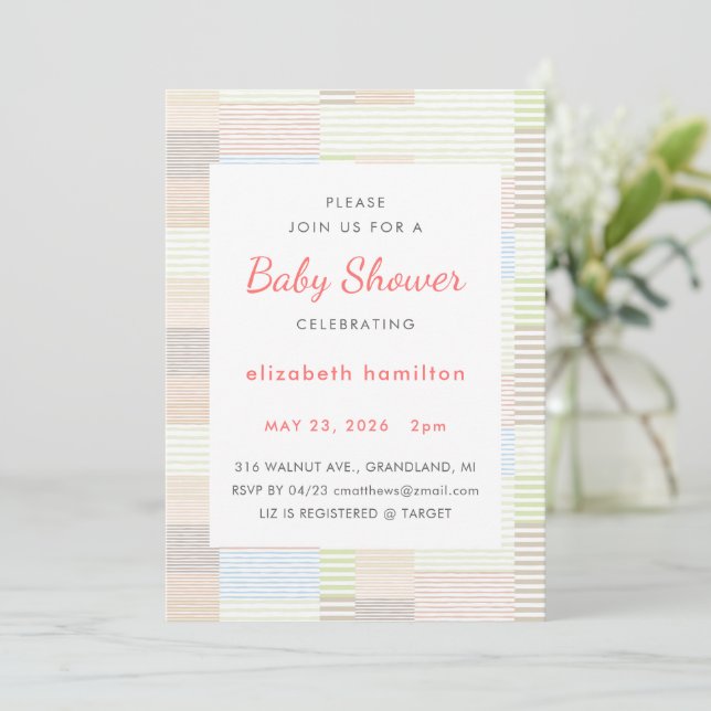Pastel Stripes Patchwork Baby Shower Invitation (Standing Front)