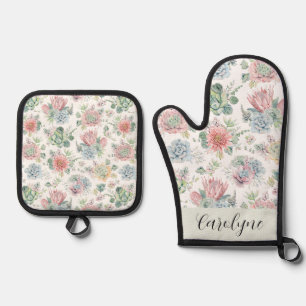 Pastel Succulents and Flowers Pattern Personalized Oven Mitt & Pot Holder Set