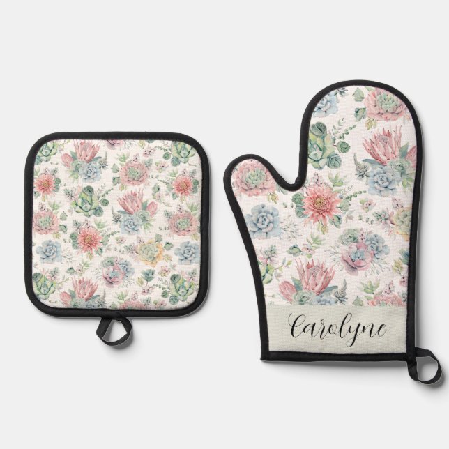 Pastel Succulents and Flowers Pattern Personalized Oven Mitt & Pot Holder Set (Front)