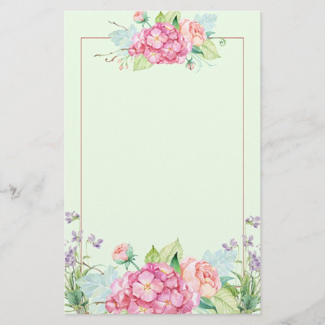 Pastel Summer Flowers and Pink Line Border Stationery (Front)