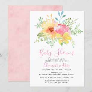 Pastel Summer Pink Yellow Floral Baby Shower Invitation
