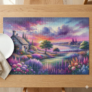 Pastel Sunset Cottage Lakeside Garden Dreamscape Jigsaw Puzzle