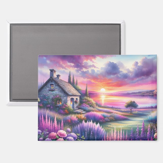 Pastel Sunset Cottage Lakeside Garden Dreamscape Magnet (Front/Back)