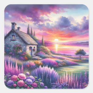 Pastel Sunset Cottage Lakeside Garden Dreamscape Square Sticker