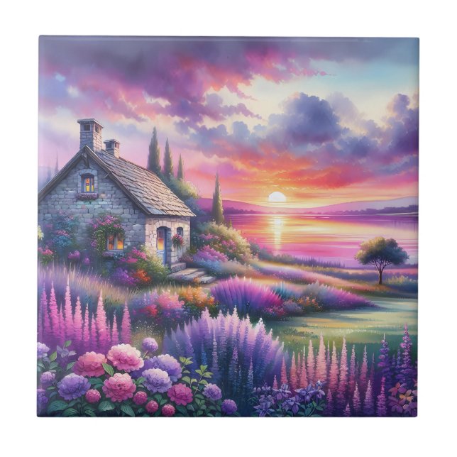 Pastel Sunset Cottage Lakeside Garden Dreamscape Tile (Front)