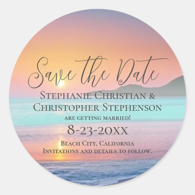 Pastel Sunset Destination Beach Save the Date Classic Round Sticker (Front)