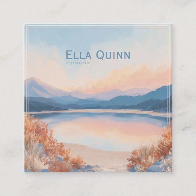 Pastel Sunset Lake Mountain Gold Frame Square Business Card (Front)