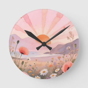 Pastel Sunset Wildflower Meadow Round Clock