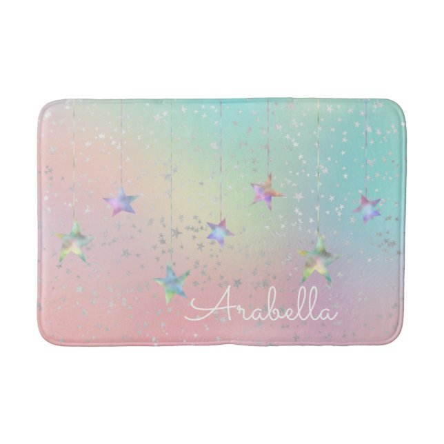 Pastel swirl holographic star ribbon cute girly  bath mat (Front)