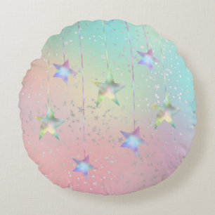 Pastel swirl holographic stars and ribbon cute   round pillow