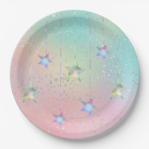 Pastel swirl holographic stars ribbon cute paper plate