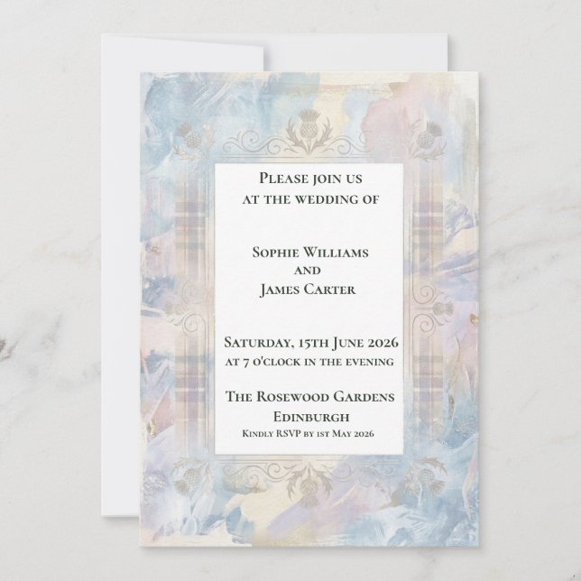 Pastel Tartan Thistle Wedding Invitation (Front)