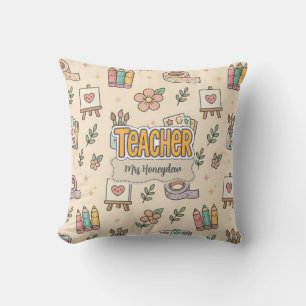 Pastel Teacher School Supplies Pattern Throw Pillow