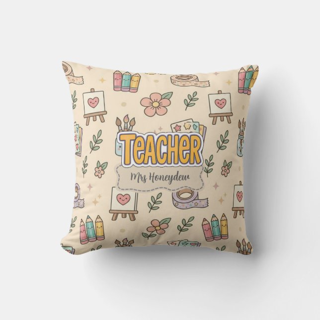 Pastel Teacher School Supplies Pattern  Throw Pillow (Front)