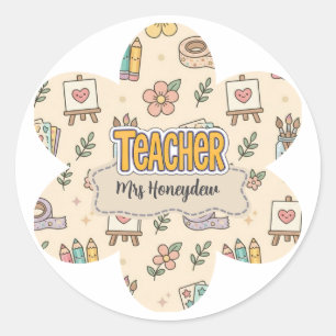 Pastel Teacher School Supply Pattern Classic Round Sticker