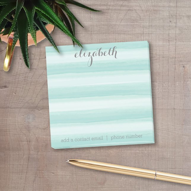 Pastel Teal and Grey Stationery Suite for Women Post-it Notes (Add your name to these personalized post-it notes with watercolor stripes.)