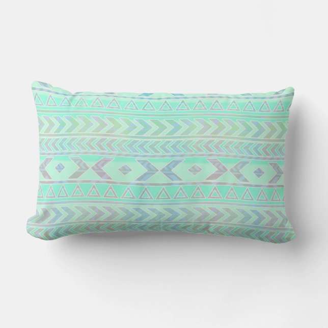 Pastel Teal Aztec Art Style Pattern Lumbar Pillow (Front)