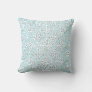 Pastel Teal Blue and White Damask Pattern Throw Pillow