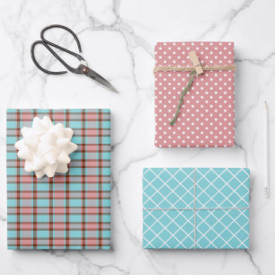 Pastel Teal Blue Rose Blush Pink Stripes Polkadots Wrapping Paper Sheet