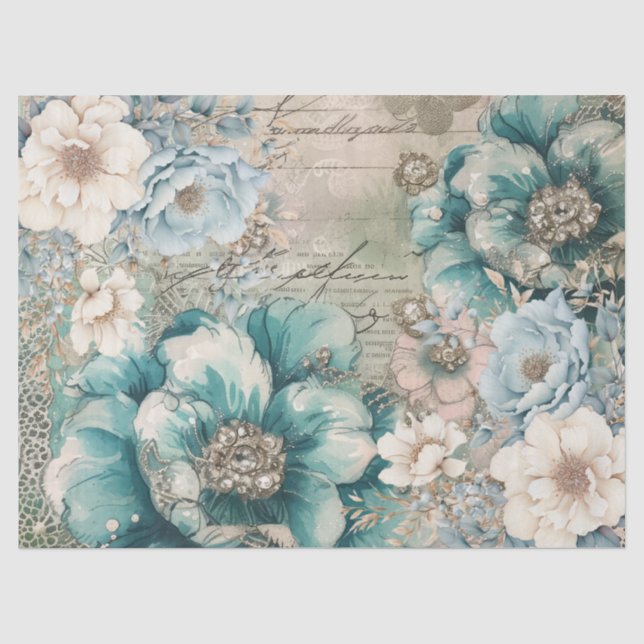 Pastel Teal & Blue Watercolor Florals Tissue Paper (Front)