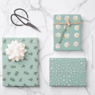 Pastel Teal Christmas Snowmen Trees Stars Wrapping Paper Sheet