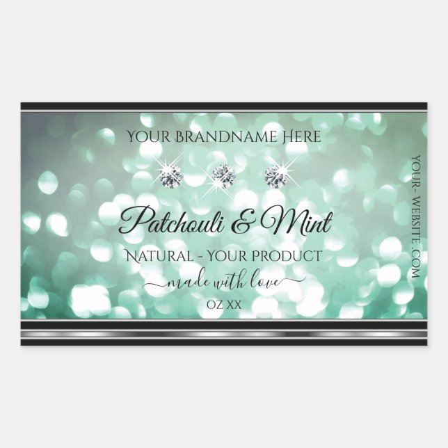 Pastel Teal Glitter Product Labels with Diamonds (Front)