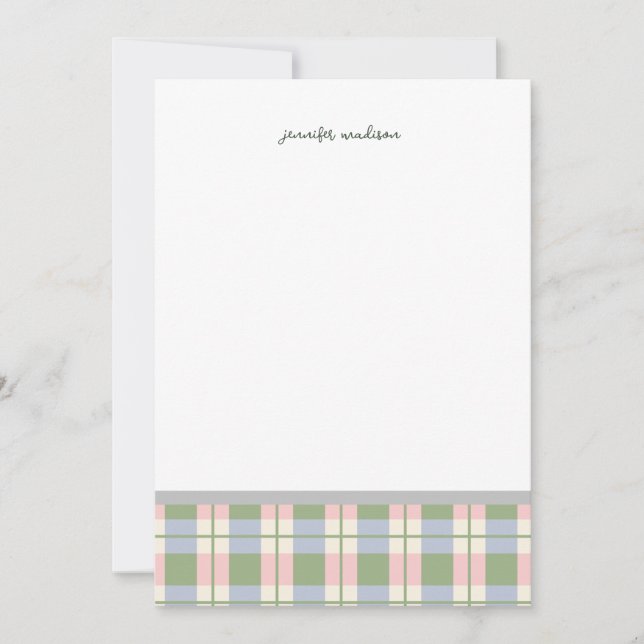 Pastel Teal Green Gingham Plaid Check Note Card  (Front)