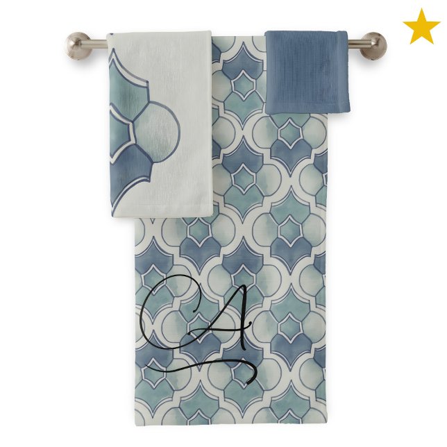 Pastel Teal Monogram Watercolor Geometric Pattern  Bath Towel Set (Creator Uploaded)
