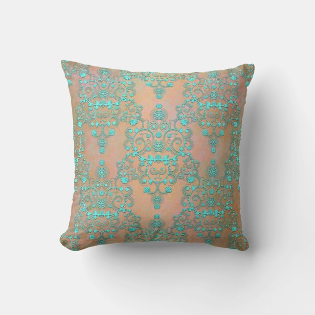 Pastel Teal over Peachy Gold Fancy Damask Throw Pillow (Front)