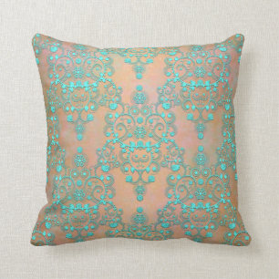 Pastel Teal over Peachy Gold Fancy Damask Throw Pillow